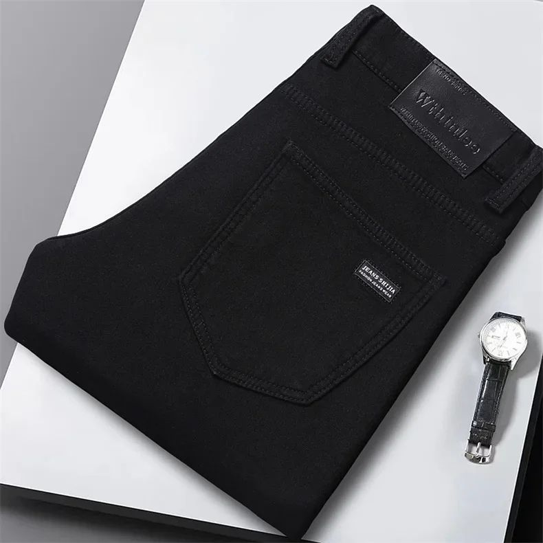 Calça Jeans Masculina Forrada de Lã para Inverno, Reta, Elástica, Preta, de Veludo Grosso, Quente, Casual, Masculina, Tamanhos Grandes
