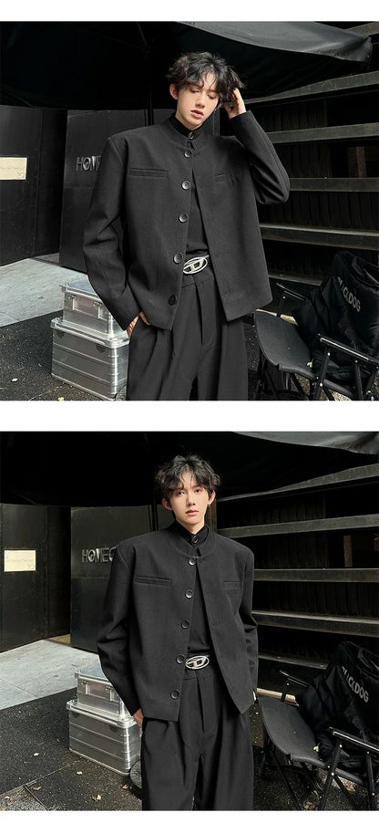 Wine Red Blazers Men Suit Jackets Casual Stand Collar Solid Color Male Short Coats Korean Trendy Men's Clothing Autumn New