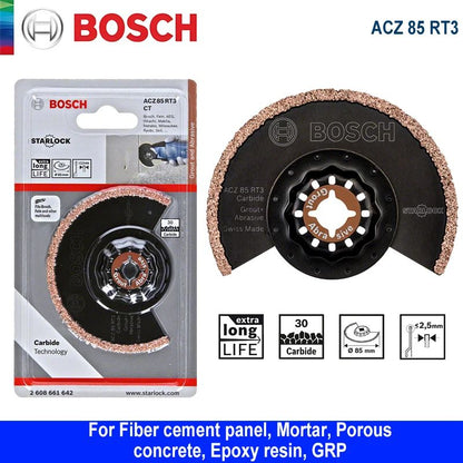 Lâmina de serra oscilante Bosch Starlock ACZ 85 RT3 de metal duro para argamassa + lâminas abrasivas para acessórios de renovação de betão e painéis de cimento