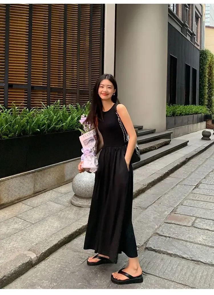 New Vintage Black Tank Top Midi Dress Wedding Dresses for Women Clothing O Neck