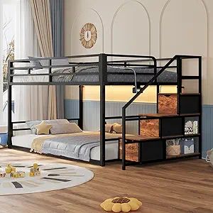 Low Bunk Bed Twin Over Twin with Storage Staircase, Drawers & Shelves, RGB LED Lights Metal Floor Bunk with Power Outlet