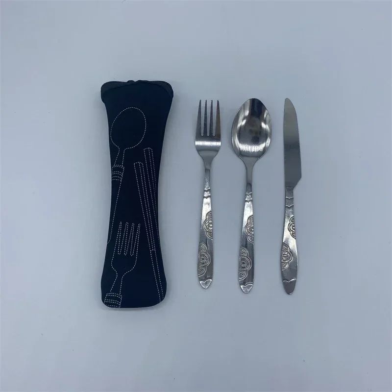 7/3 Peças Conjunto de Talheres de Aço Inoxidável para Acampamento ao Ar Livre Faca de Bife Garfo Colher para Comida Ocidental Bolsa de Pano Criativa Portátil