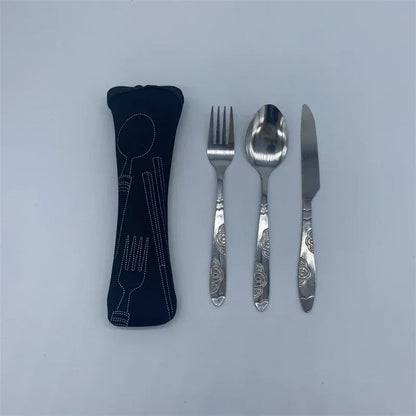 7/3 Peças Conjunto de Talheres de Aço Inoxidável para Acampamento ao Ar Livre Faca de Bife Garfo Colher para Comida Ocidental Bolsa de Pano Criativa Portátil