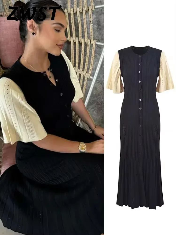 Elegant Knit Dress For Women White Slim O-neck Single Breasted Short Sleeve Long