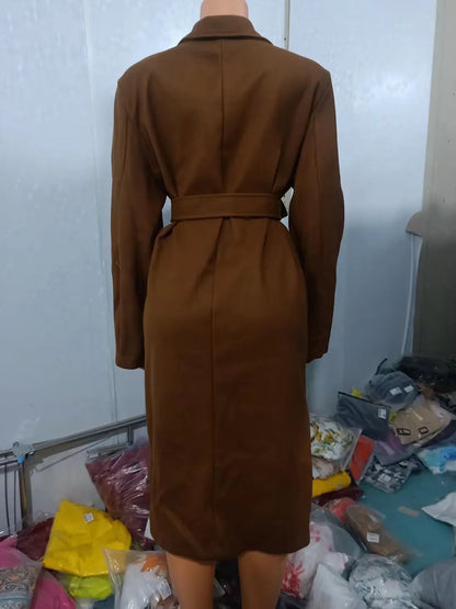 CPSYMYM Winter Coat for Women  Autumn Double Breasted Simple Solid Lapel Long Sleeved Split Long Woolen Cloth Jacket Coa