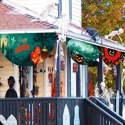 Halloween Fan Flag Spooky Halloween Bunting Flag Set for Outdoor Yard Decor Skull Ghost Pumpkin Banner for Porch Fence Kitchen
