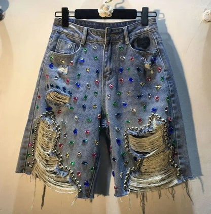 2025 Summer Short Pants High Waist Jeans Hole Shorts Women Stretch Distressed Washed Diamonds Streetwear Straight Denims