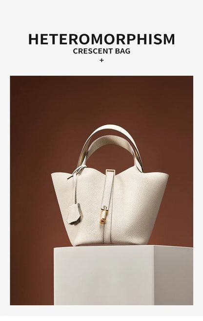 Genuine Leather Shoulder Bucket Bag Women Litchi Pattern Mini Basket Tote Soft Handbag Mommy Bride Wedding Bags with Lock