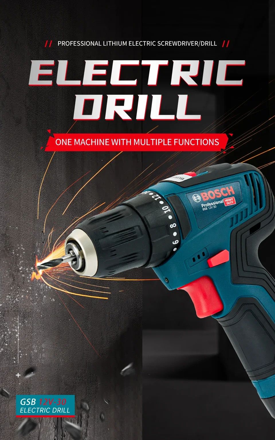Furadeira elétrica profissional Bosch-GSB-12-V30, parafusadeira sem fio, multifuncional, para uso doméstico, chave de fenda, faça você mesmo