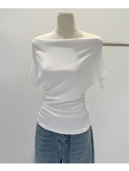 Ultra-Hand Feel Modal Cotton Short Sleeve T-Shirt Women Summer Design Slim Fit Shoulder Baring Fashionable Top