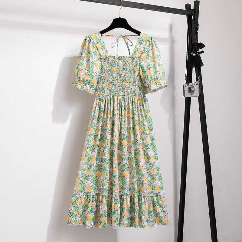 Summer Pleated Women Chiffon Dresses Casual Beach Holiday Short Sleeve Square Co