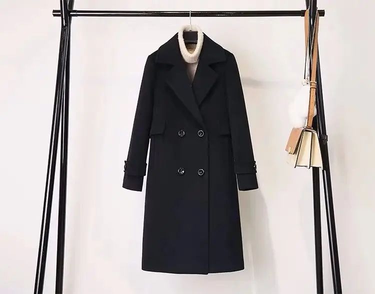 Plus Size Black Woolen Coat 2025 New Style Women's Autumn Winter Professional Mid-Length Trendy Polyester Fiber Suit Collar F...