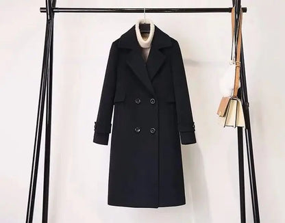 Plus Size Black Woolen Coat 2025 New Style Women's Autumn Winter Professional Mid-Length Trendy Polyester Fiber Suit Collar F...