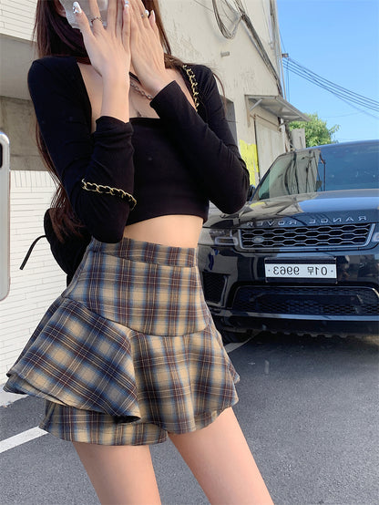 Tiered Mini Skirt Y2K High Waist Tartan Ruffled Plaid Skirt Skort Women Aesthetic Outfit