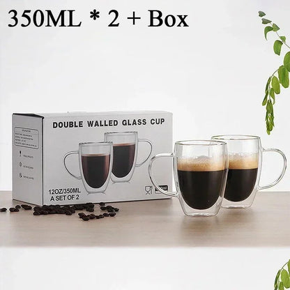 Caneca transparente de parede dupla 2-6 peças Copo de café e leite de vidro borossilicato alto resistente ao calor para casa e escritório