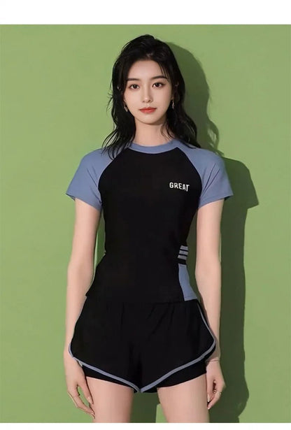 Sporty Two-Piece Swimsuit Short Sleeve plus Size Concealing Conservative Flat Footwear for Hot Springs Swimming Costume