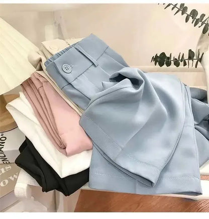 Fashion Elastic High Waist Suit Pants Women Fall Spring Casual Loose Straight Black Trouser Office Ladies Nine Points Streetwear