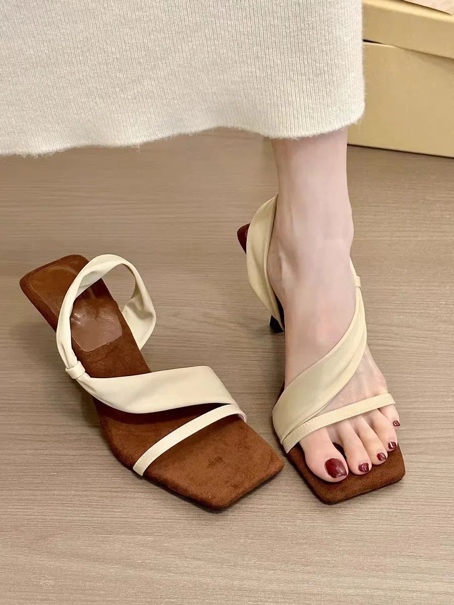 French High Heel Sandals Women's 2025 New Super Popular Design Sensation Single Strap Square Head Toe Exposure Thin Heel Sandals