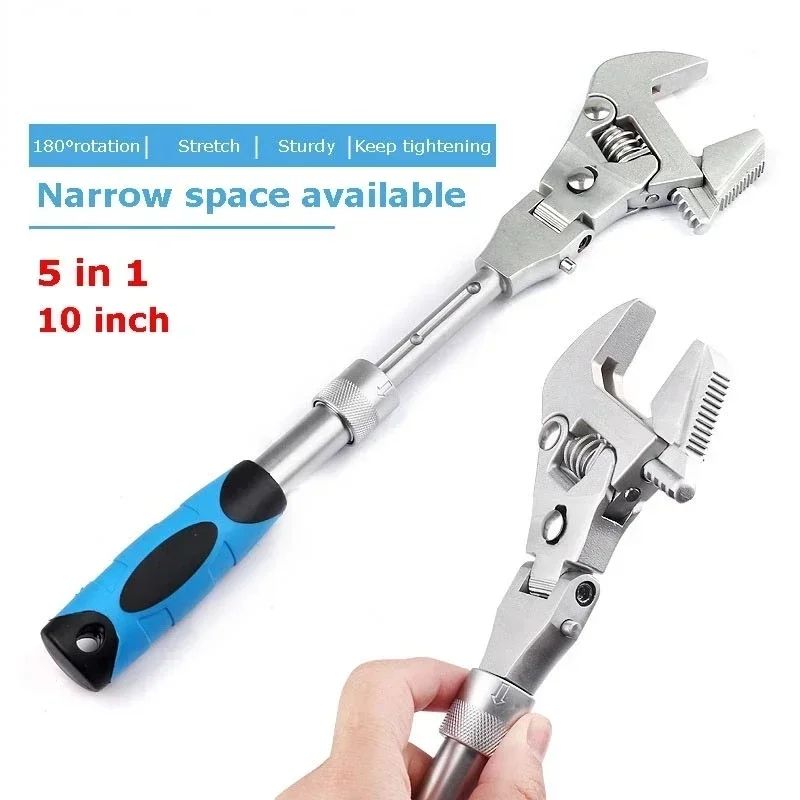 Chave de Torque Multifuncional 5 em 1 de 10 Polegadas Chave de Catraca Ajustável Chave Dobrável de 180 Graus Ferramenta Manual de Manutenção Doméstica