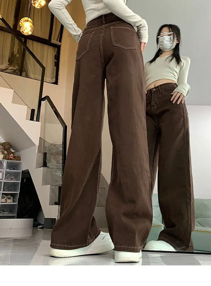 Cafe Brown Versatile Wide Leg Jeans Women's Spring Autumn High Waist Slimming Small Size Loose Drapey Straight Floor-Length Pant