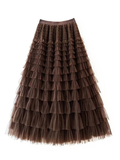 HOT Solid Multilayer Ruffle Mesh Skirt Women Boho High Waist Long Maxi Tulle Skirt Spring Summer Party Women's Clothing
