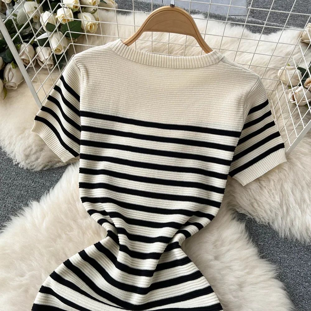 Summer Striped Beach Knitted Dress O Neck Short Sleeves Chic Hotsweet Slim Sundr