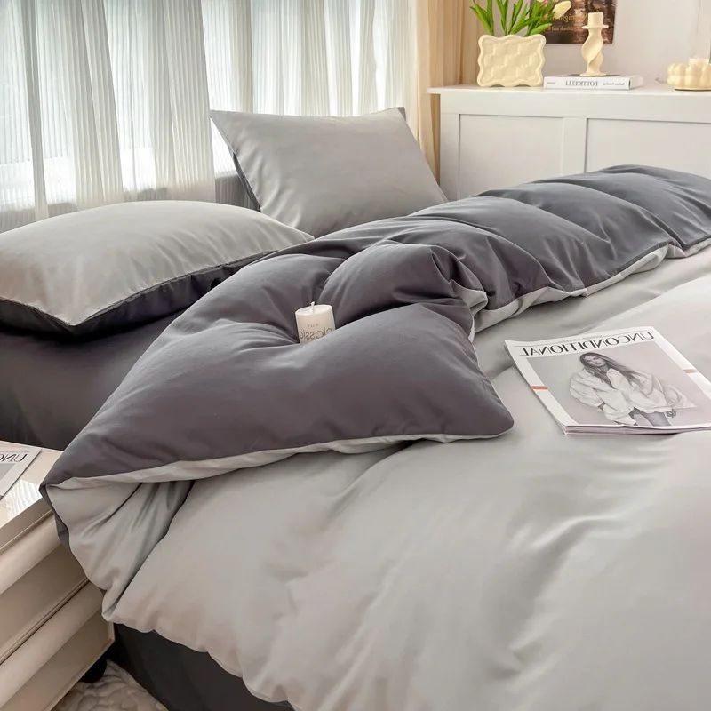 Conjunto de cama de cor sólida de quatro peças para crianças e adultos, cama de casal grande, conjunto de capa de edredom, lençol e capa de travesseiro de quatro peças