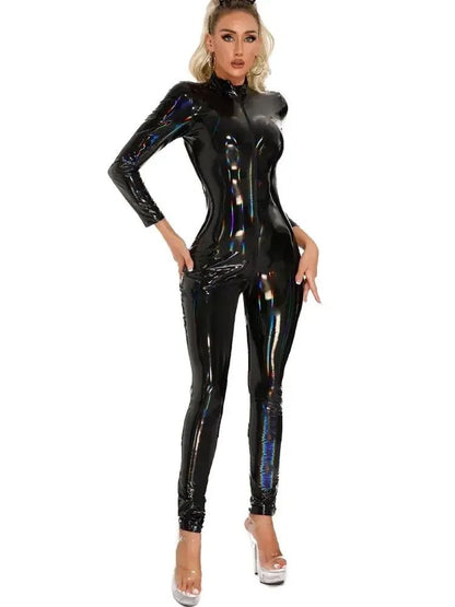 Unisex Laser Natte Look Pvc Catsuit Glanzend Pu Lederen Rits Open Kruis Bodysuit Panty Cosplay Leotard Sexy Jumpsuit