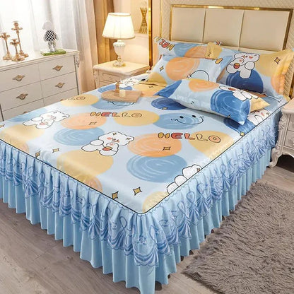 Kit 3 Peças de Lençol de Casal com Renda Clássica Azul Royal, Saia para Cama, Colcha de Casamento Lavável à Máquina, Capa de Colchão