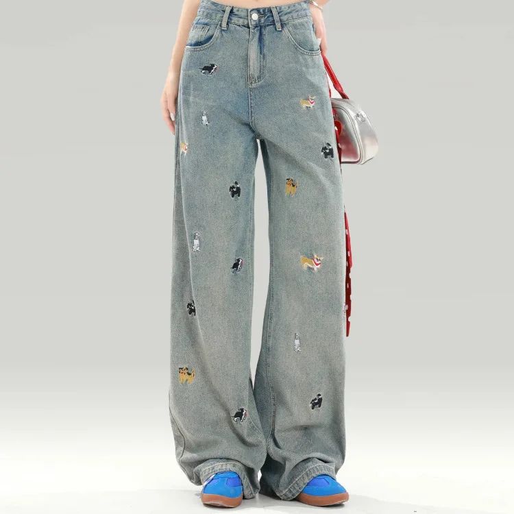 Plus Size Women's Black Dog Embroidery Loose Wide Leg Jeans High Waist Straight Cut Slimming Denim Pants Spring Autumn