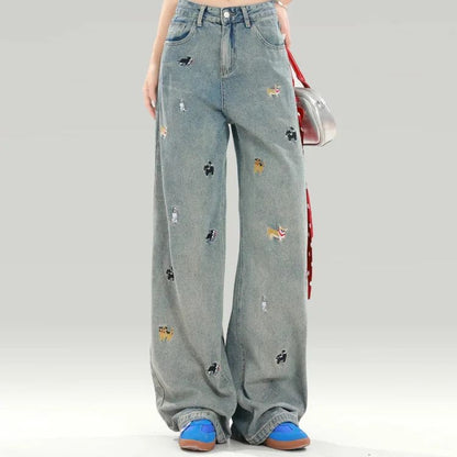 Plus Size Women's Black Dog Embroidery Loose Wide Leg Jeans High Waist Straight Cut Slimming Denim Pants Spring Autumn