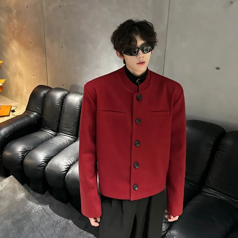 Wine Red Blazers Men Suit Jackets Casual Stand Collar Solid Color Male Short Coats Korean Trendy Men's Clothing Autumn New