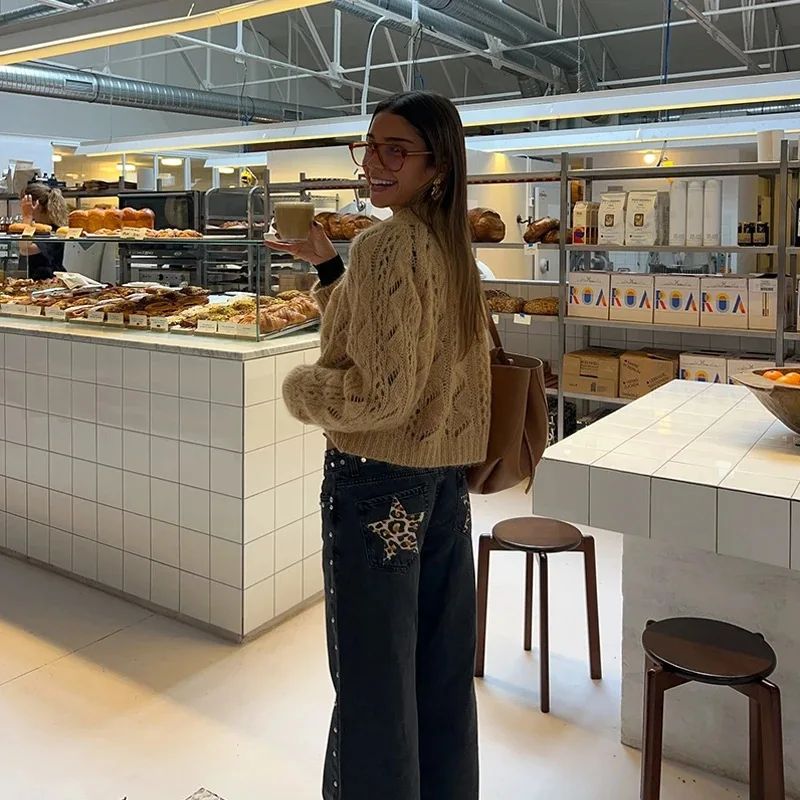 Spanish Fashion ONE DILEMMA Five-pointed Star Pattern Rivet Decorative Black Jeans Women's Autumn Multiple Light Blue Jeans