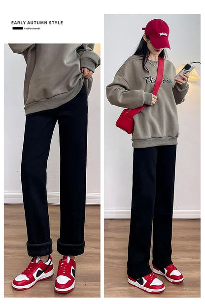 Winter Thickened Women's Mink Velvet Jeans Loose Straight Warm Soft Fleece Fashion Elastic High Waist Female Pants Black Blue