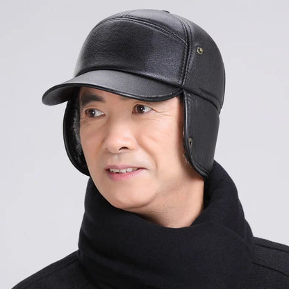 Boné de beisebol quente de inverno para homens, chapéus de pele de couro preto para homens, bonés snapback femininos, casquette, bonés de papai, gorras, protetores de orelha, engrossar