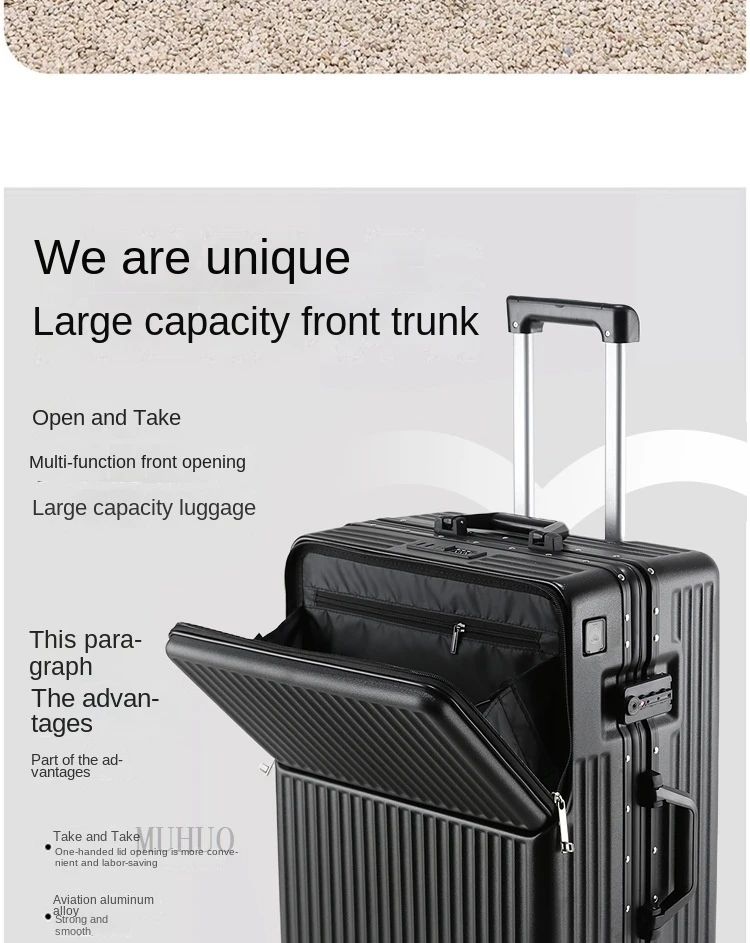 Aluminium Frame Suitcase Front Opening Cabin Luggage with USB Cup Holder Female Trolley Case Male Brake Wheel Travel Suitcase