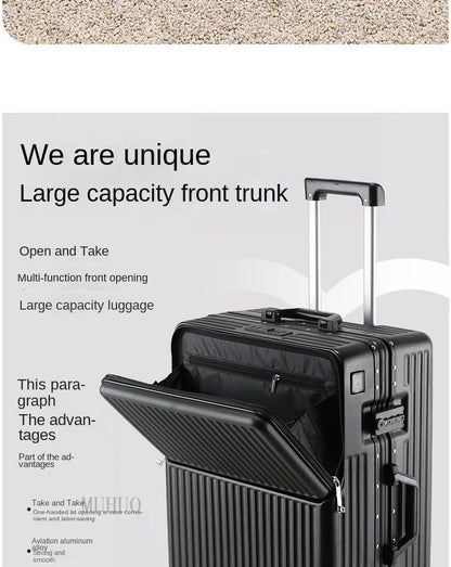 Aluminium Frame Suitcase Front Opening Cabin Luggage with USB Cup Holder Female Trolley Case Male Brake Wheel Travel Suitcase