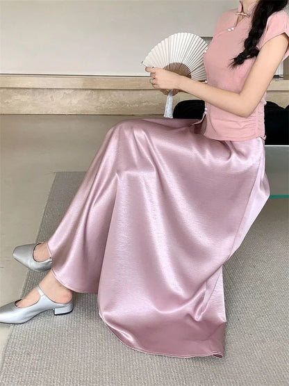 Plus Size Satin Half-Body Skirt Female 2026 Spring New Korean Fashion Temperament Elegant Solid Casual A-line Skirts