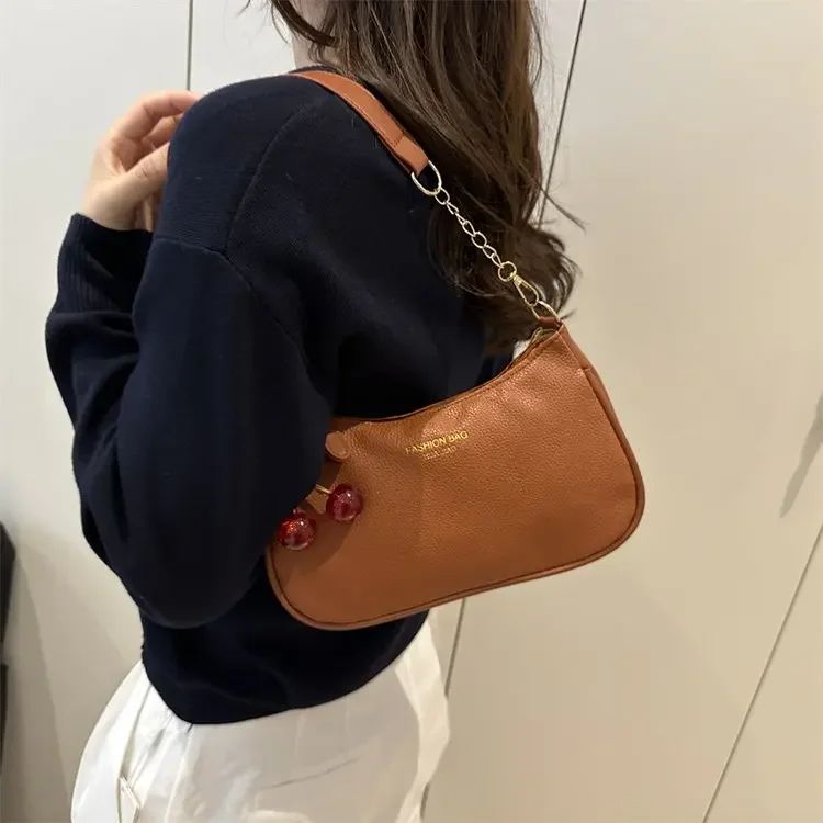 Cherry Pedant Shoulder Underarm Bag Women's Fashion Handbags Causal Hobos Purses Ladies Hand Bags Pu Leather for Work Travel