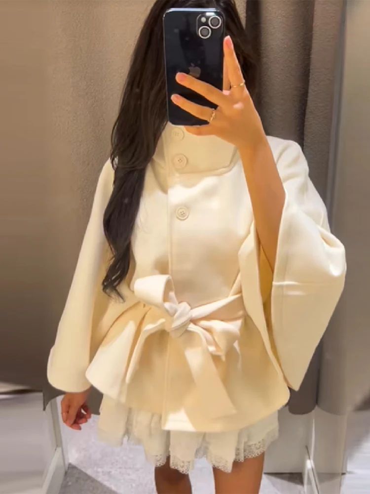 chic vintage cape jacket with belt stand neck single breasted loose coat loose flare sleeve coats early lady autumn Y2K outwears