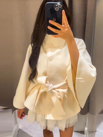 chic vintage cape jacket with belt stand neck single breasted loose coat loose flare sleeve coats early lady autumn Y2K outwears