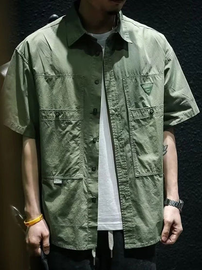 Summer hawaiian Casual Cargo Shirt For Men Oversized Short Sleeve Tee Shirts Y2K Streetwear Button Blouses Outdoor Masculino