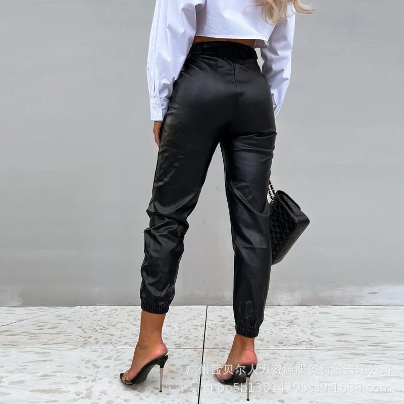 Mid Waist Pencil Leather Trousers Streetwear Black Ankle-Tied Pu Pants Women Summer Black Casual Pockets PU Pants