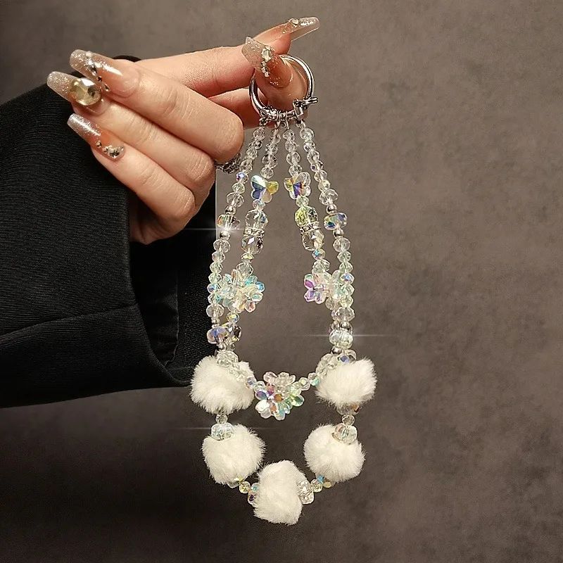 Autumn/Winter Plush Phone Strap Floral Beaded Crystal Pom-Pom Handbag Chain New Trendy Accessory for Smartphones
