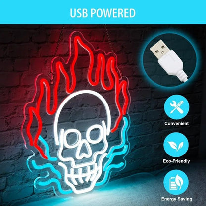 Paredes de Neon Chama de Crânio Decoradas com LEDs de Halloween Reguláveis, Alimentadas por USB, Decorações de Festa de Halloween para Caverna Masculina, Bar, Clube, Sala de Jogos