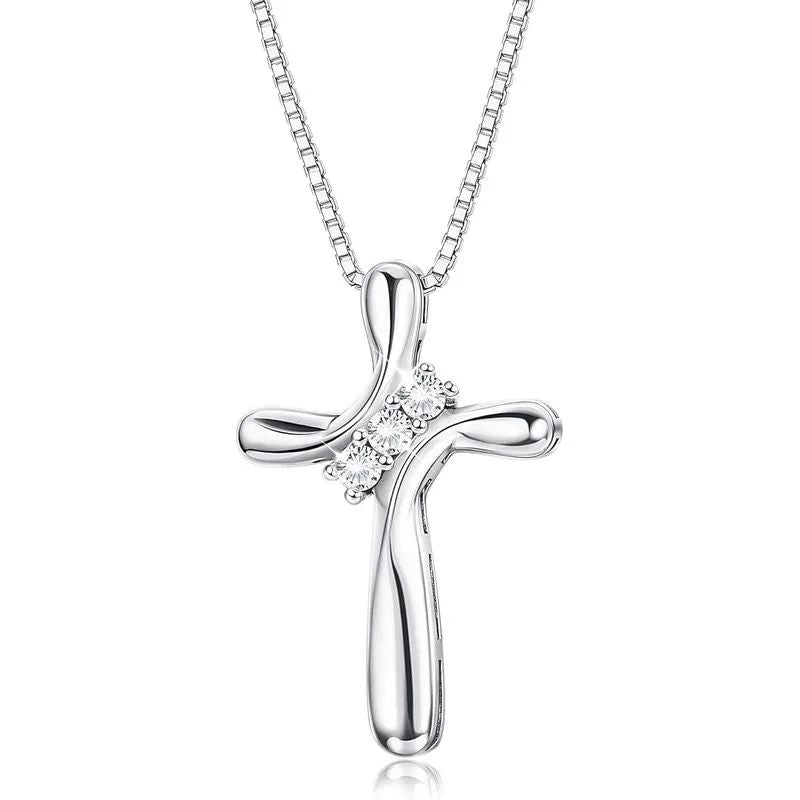 Colar de Cruz em Prata Esterlina 925 para Mulheres, Pingente de Cruz em Prata com 3 Pedras de Zircônia Cúbica e Corrente de Elos de 1 MM, 45 cm