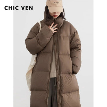 CHIC VEN Women Down Coats Loose Thick Stand-up Collar New Long Thick Down Jacket 80 White Duck Down Female Outerwear Winter 2024