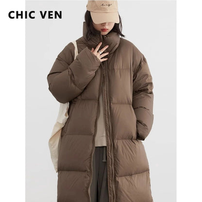 CHIC VEN Women Down Coats Loose Thick Stand-up Collar New Long Thick Down Jacket 80 White Duck Down Female Outerwear Winter 2024