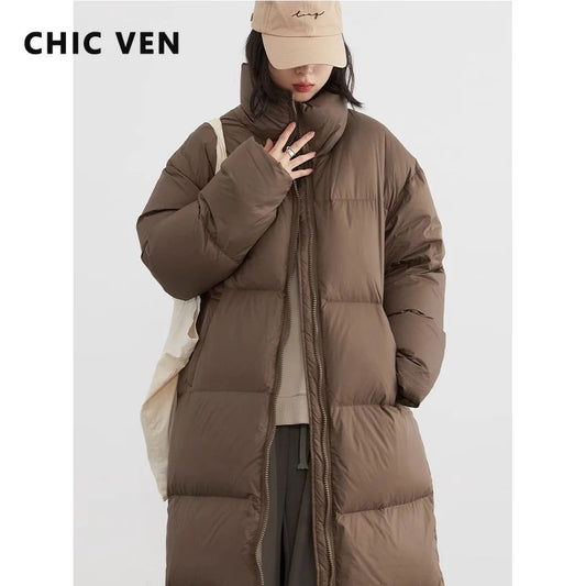 CHIC VEN Women Down Coats Loose Thick Stand-up Collar New Long Thick Down Jacket 80 White Duck Down Female Outerwear Winter 2024