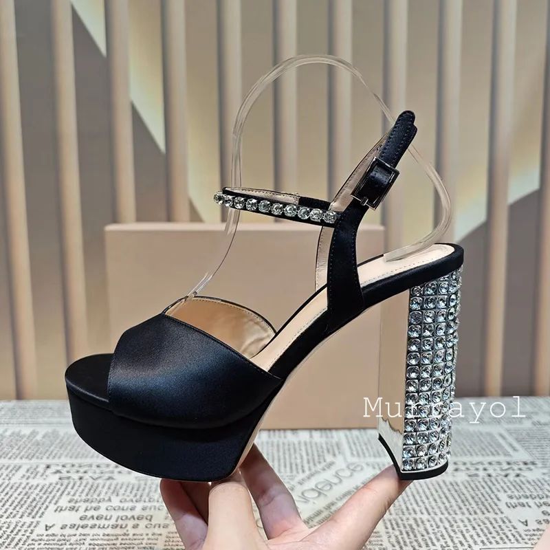 Women Open Toe Rhinestone High Heels Sandals Satin Waterproof Platform Sandalias Summer Party Dress Shoes Pumps Wedding Shoes